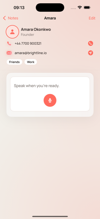 A contact's detail page with notes and a built-in voice capture box