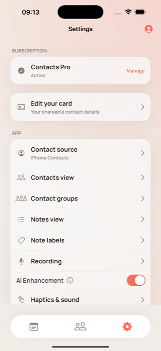 Settings showing the Pro subscription, contact source, and AI enhancement